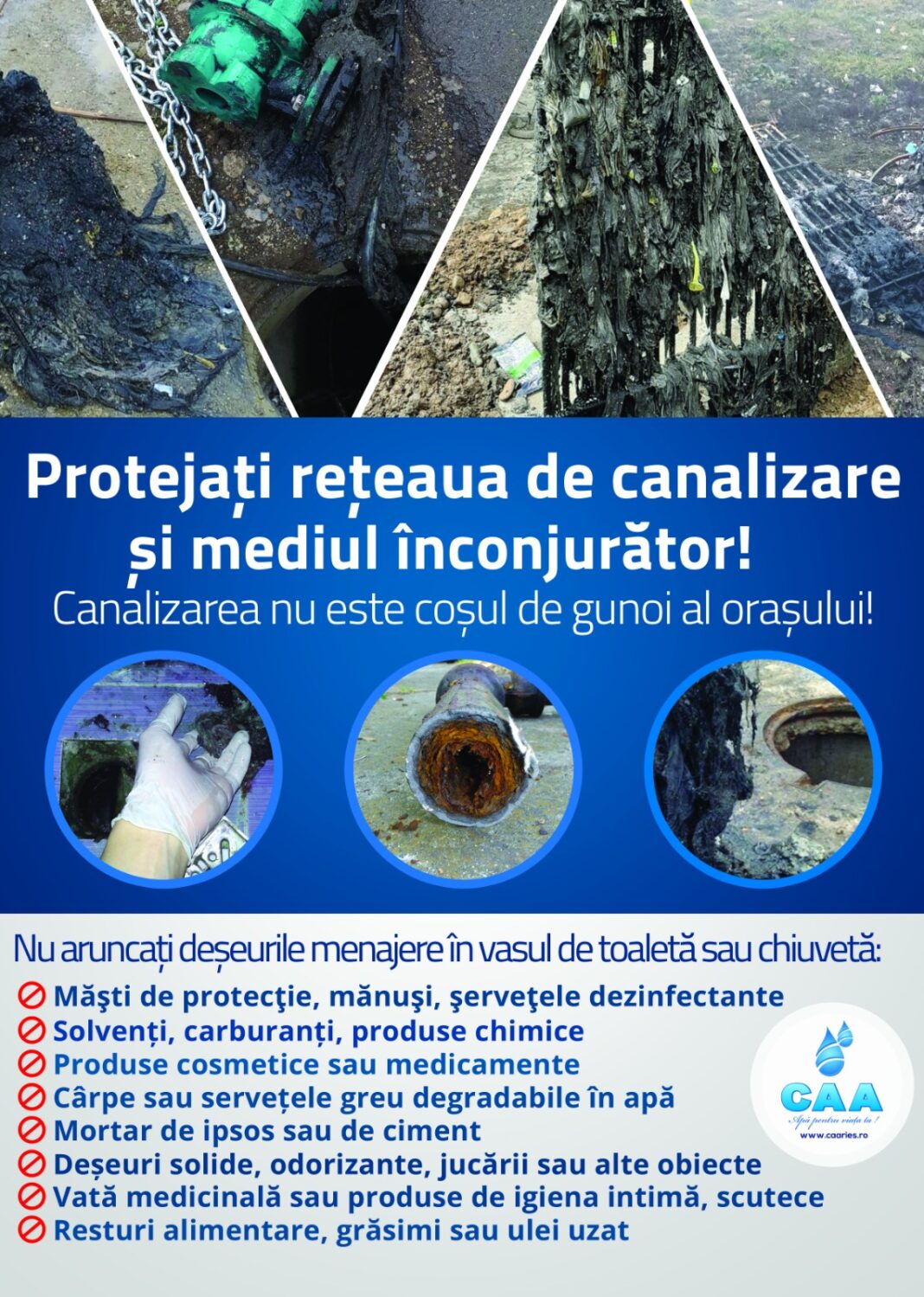 Protejați rețeaua de canalizare și mediul înconjurător! Canalizarea nu este coșul de gunoi al orașului!