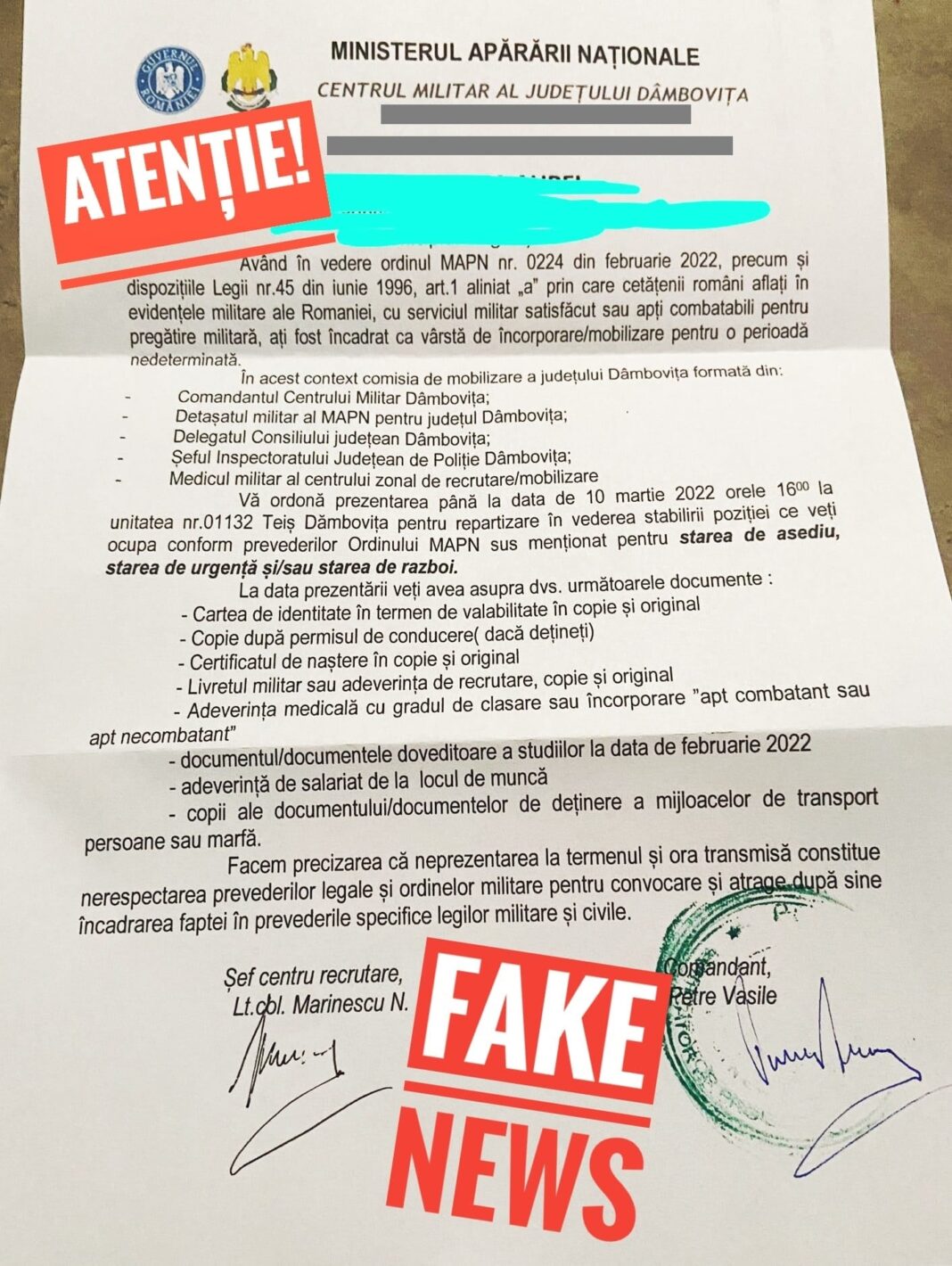 Atenție la Fake-News! Ordine FALSE de încorporare!