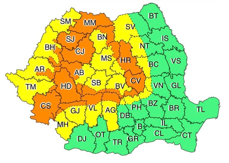 Cod galben și portocaliu de vreme severă, în județul Cluj Cod galben și portocaliu de vreme severă, în județul Cluj