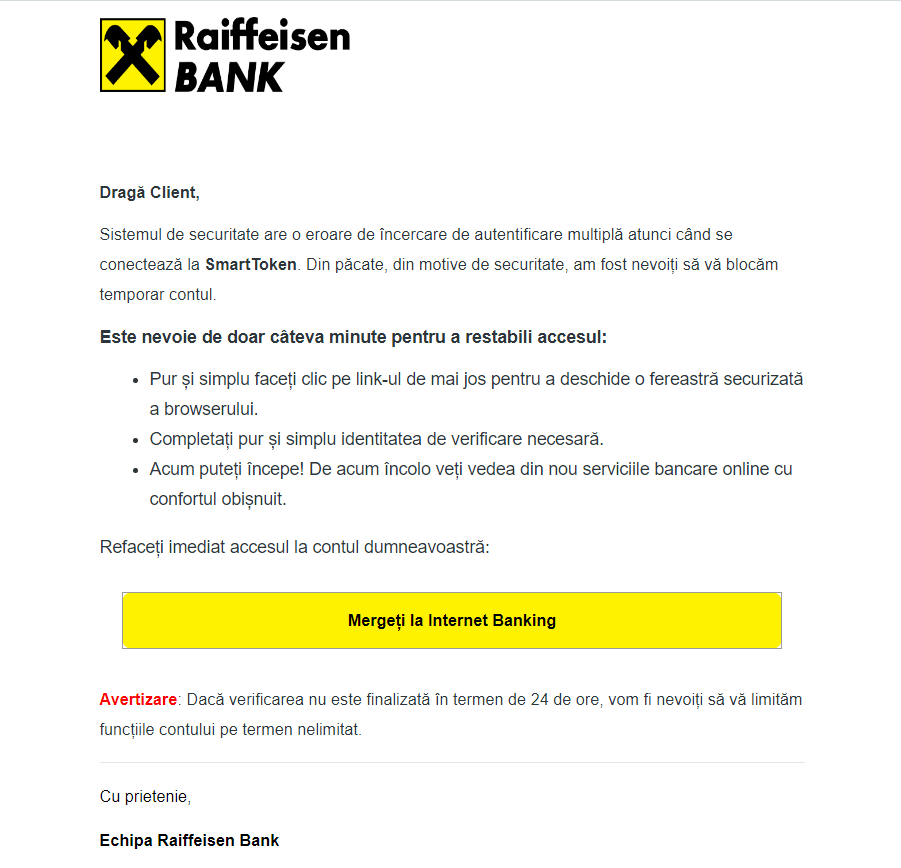 O nouă campanie de phishing, cu identitatea Raiffeisen Bank O nouă campanie de phishing, cu identitatea Raiffeisen Bank