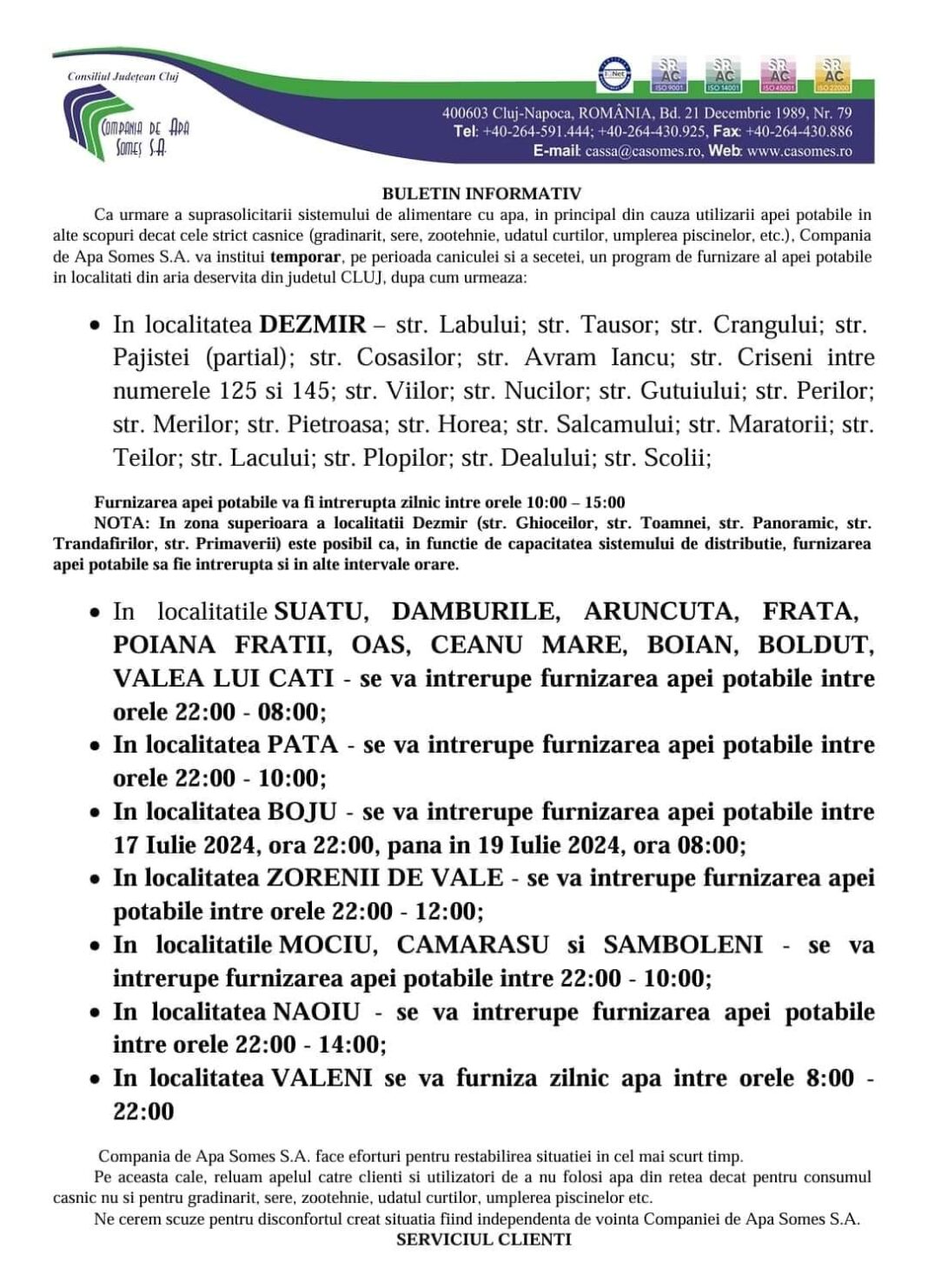 Ceanu Mare: Noi restricții în furnizarea apei potabile