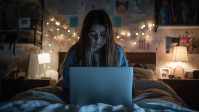 cyberbullying victim teenage girl with laptop sitting alone in bedroom at night