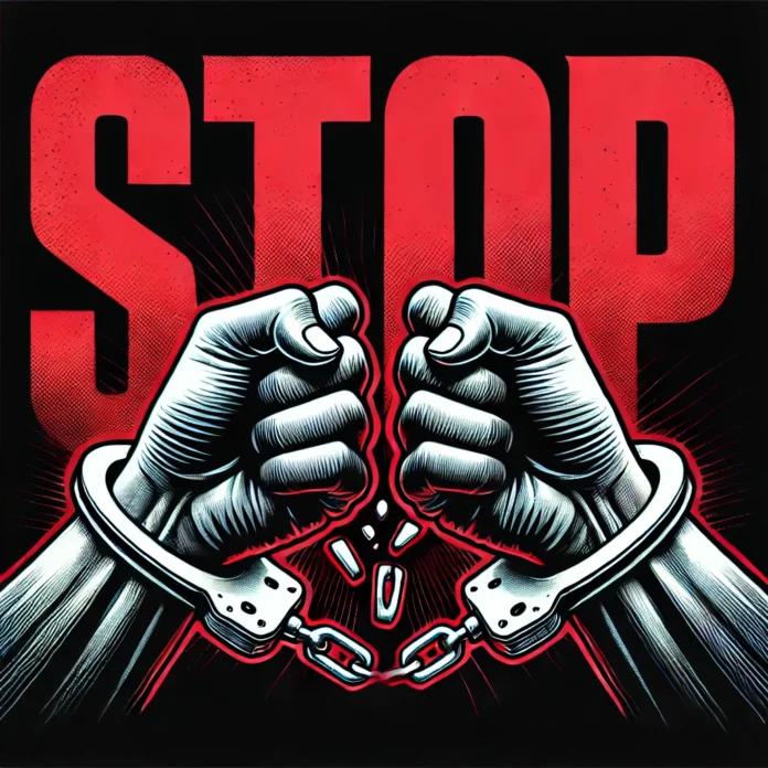 DALL·E 2024-11-20 09.37.34 - A clear and powerful image showing two hands breaking apart metal handcuffs in the foreground, symbolizing liberation and freedom. In the background,