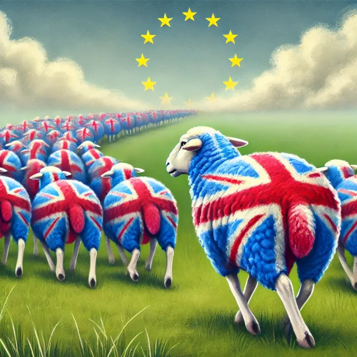 DALL·E 2025-01-07 09.46.34 - A symbolic and artistic illustration showing a sheep painted in the colors of the UK flag (Union Jack) walking away from a flock of sheep painted in t