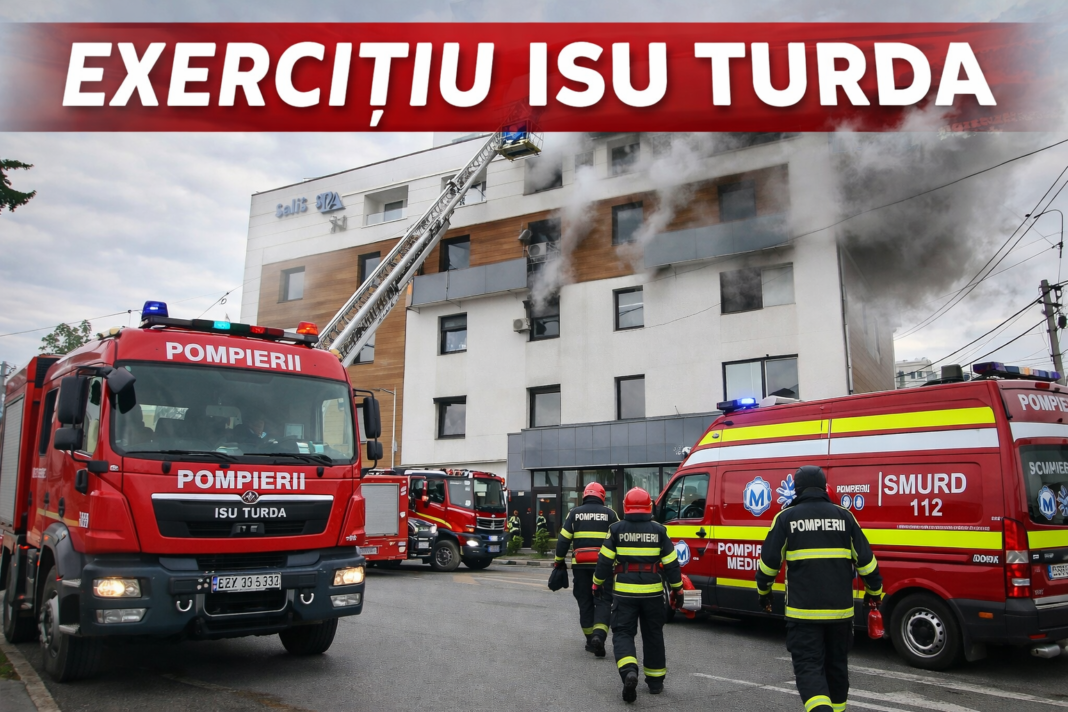 „Incendiu” la Hotel Salis SPA din Turda! Pompierii au intrat în acțiune cu autospeciale, scară și echipaj SMURD exercițiu isu turda